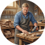 Circular illustrated portrait of cabinetmaker Mikkel Lindqvist