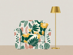 Flat vector illustration of a reading corner with a botanical patterned cushion and brass floor lamp