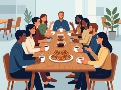 Flat vector illustration of colleagues sharing filter coffee and cinnamon buns at a long wooden table