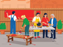 Flat vector scene of neighbors painting a courtyard fence and serving waffles on a folding table