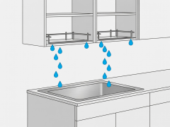 Flat vector diagram showing water dripping from upper cabinet racks into a stainless steel sink