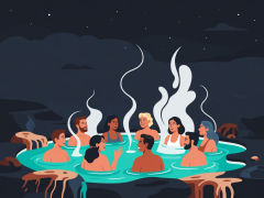Flat vector scene of people talking in a steaming outdoor geothermal pool under a dark sky
