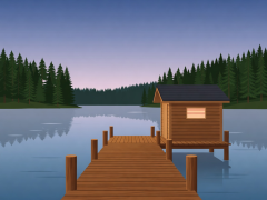 Flat vector illustration of a timber sauna dock beside a calm forest lake at twilight
