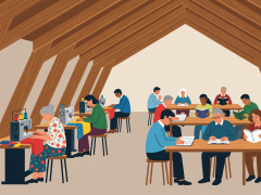 Flat vector illustration of citizens using sewing machines and reading tables inside a timber-roofed public library