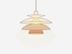 Flat vector cross-section of a three-shade pendant lamp diffusing warm rays without glare