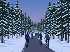 Flat vector illustration of cyclists riding along a snow-cleared pine-lined path in winter twilight